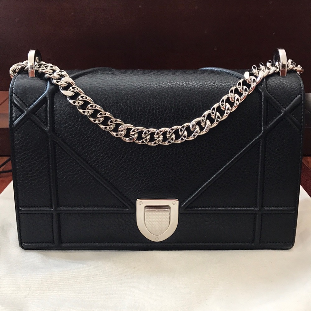 Auth Christian Dior Medium Diorama Black Grained
